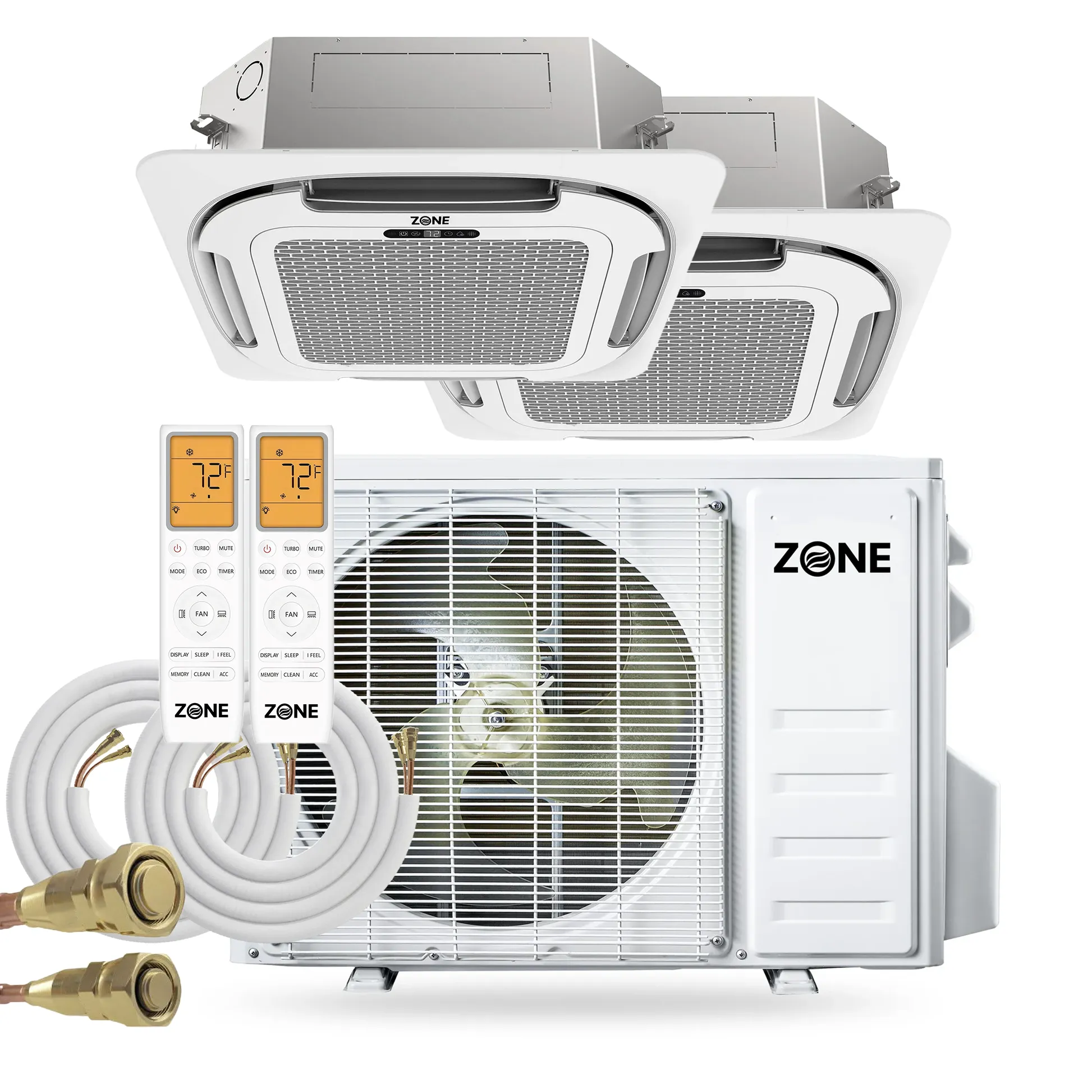 Zone Air® Airframe DUAL ZONE 19,000 BTU (9.5K+9.5K) 21 SEER2 230V Ceiling Cassette Mini-Split Heat Pump System with 2x Pre-Charged Linesets - Up to 950 Sq Ft