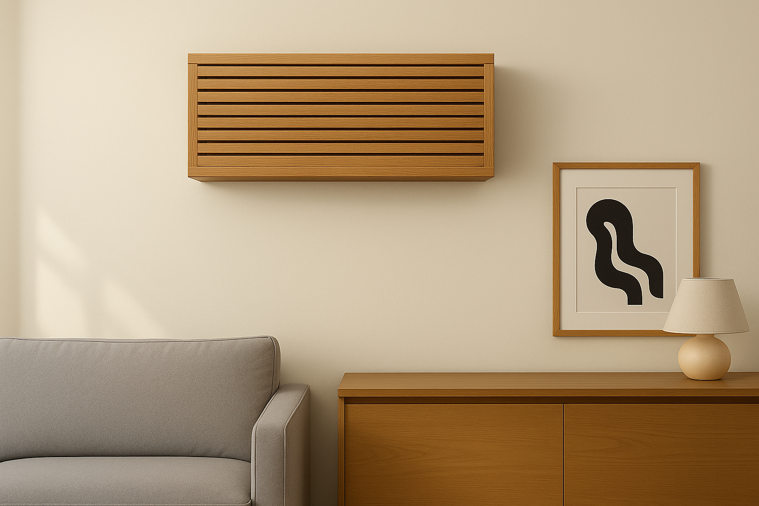 Zone Air mini split indoor unit with wood finish in modern living room - stylish ductless HVAC design